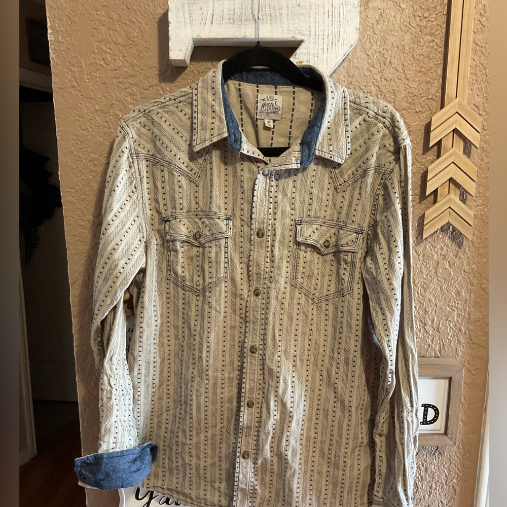 Moon Shine Tan Navy Men’s Pearl Snap Button Western Shirt Size Medium
